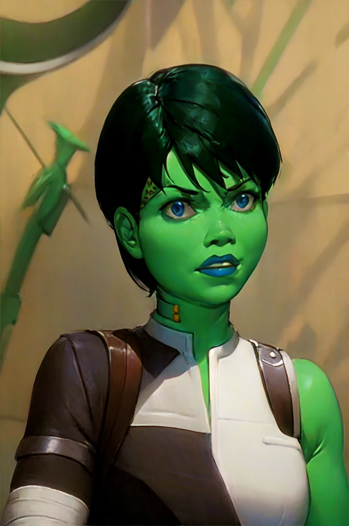 ultra detailed, masterpiece, best quality, solo,
D0tMatrix, green skin, dark green hair, black hair, gallia_uniform, beret,