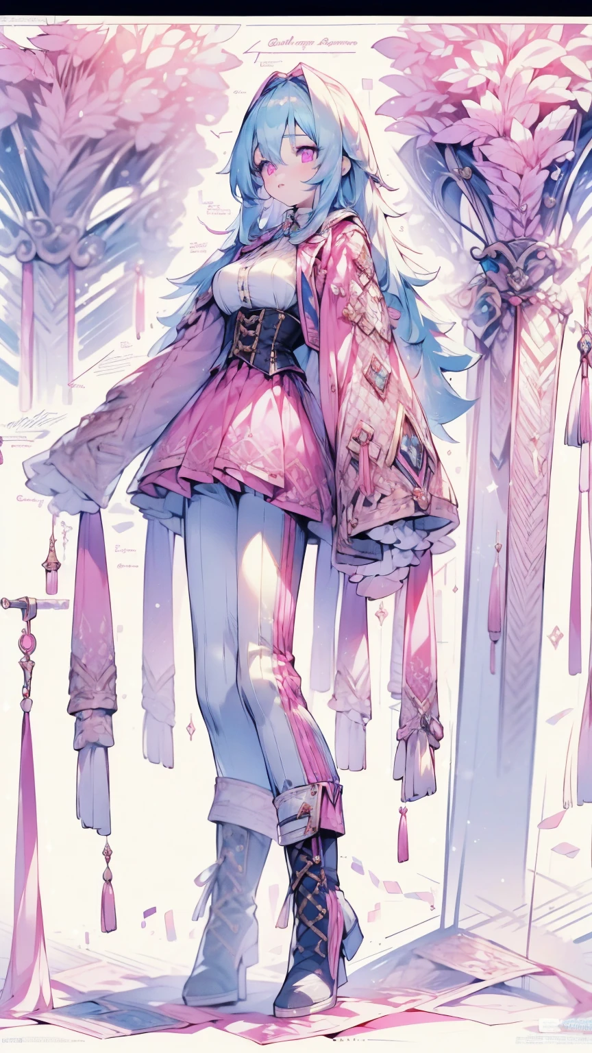 8k, best quality, masterpiece, highly detailed, semi realistic, a girl, young female, 20 years old, absurdly long light blue hair, hair between eyes, banks, pink eyes, medium breast, pink lips, elbow fingerless gloves, gorgeous sexy clothes, corset, slim figure, cool expression, skinny pants, boots, lace clothes,