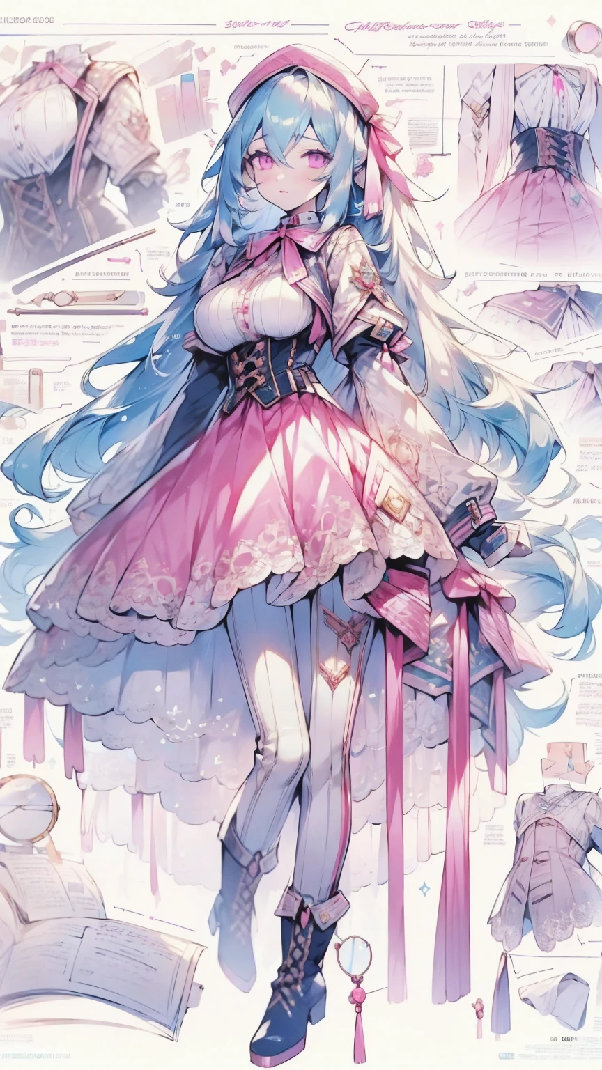 8k, best quality, masterpiece, highly detailed, semi realistic, a girl, young female, 20 years old, absurdly long light blue hair, hair between eyes, banks, pink eyes, medium breast, pink lips, elbow fingerless gloves, gorgeous sexy clothes, corset, slim figure, cool expression, skinny pants, boots, lace clothes,