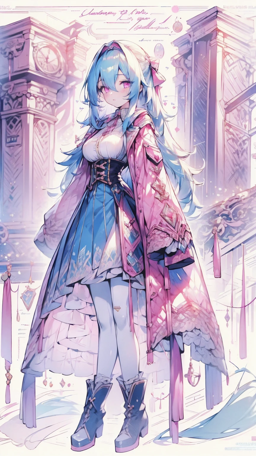 8k, best quality, masterpiece, highly detailed, semi realistic, a girl, young female, 20 years old, absurdly long light blue hair, hair between eyes, banks, pink eyes, medium breast, pink lips, elbow fingerless gloves, gorgeous sexy clothes, corset, slim figure, cool expression, skinny pants, boots, lace clothes,