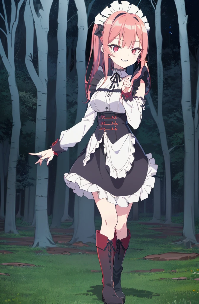 [(dark forest background:1.4)::5],original,(illustration:1.1),(best quality),(masterpiece:1.1),(extremely detailed CG unity 8k wallpaper:1.1), (colorful:0.9),(mid shot:0.95),(full body:1.5),Dynamic angle,(solo:1.2), (girl),((adult)), (detailed beautiful eyes:1.15), (beautiful face:1.15), (glowing red eyes:1.25////),((red medium hair)),(blunt bangs),(high twintails),(+perfect hand+:1.21),(Draw an illustration of a gothic girl),(Religious),(slender),(is wearing boots on her feet),((is wearing white maid clothes)),(furious), Lace Off-shoulder lolita fashion,beautiful slender woman,((evil smile)),adult,thin legs,((red hair)),((mini skirt)),((mini skirt)),((black boots)),((black boots)),((black boots)),dynamic angle,dynamic pose,