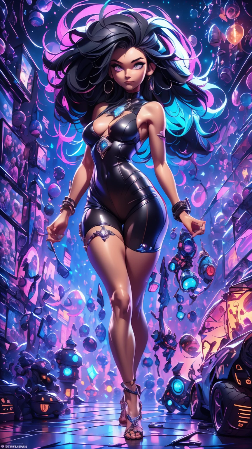 An ultra-realistic and ultra-detailed, Extra- Vibrant, (Legendary Vivid Neon Multicolored Psychedelic Masterpiece), ((full body portrait)), Running, (Dynamic Angle), best quality, (Angled View), 1girl, She is a Gorgeous Magical Alchemist, a very noble Caucasian lady, ringed silver eyes, Calm, half closed eyes, thin body, slim waist, small breasts, (bare legs), Awesome Black Hair, a confident smile, ((HOLDING A GORGEOUS COLORFUL RAINBOWLUMINESCENT GALAXY IN HER HANDS)), Celestial Star Map, highly detailed expensive wizard's skirt, Running, beautiful, dramatic, backlighting, night, midnight, (Multitude Of Stars), beautiful fantastic night view, (ultra-detailed, finely detailed beautiful eyes and face), high resolution, 8k UHD, perfect anatomy, perfect fingers, Highly detailed scenery, Highly detailed background, perspective, depth of field, atmospheric