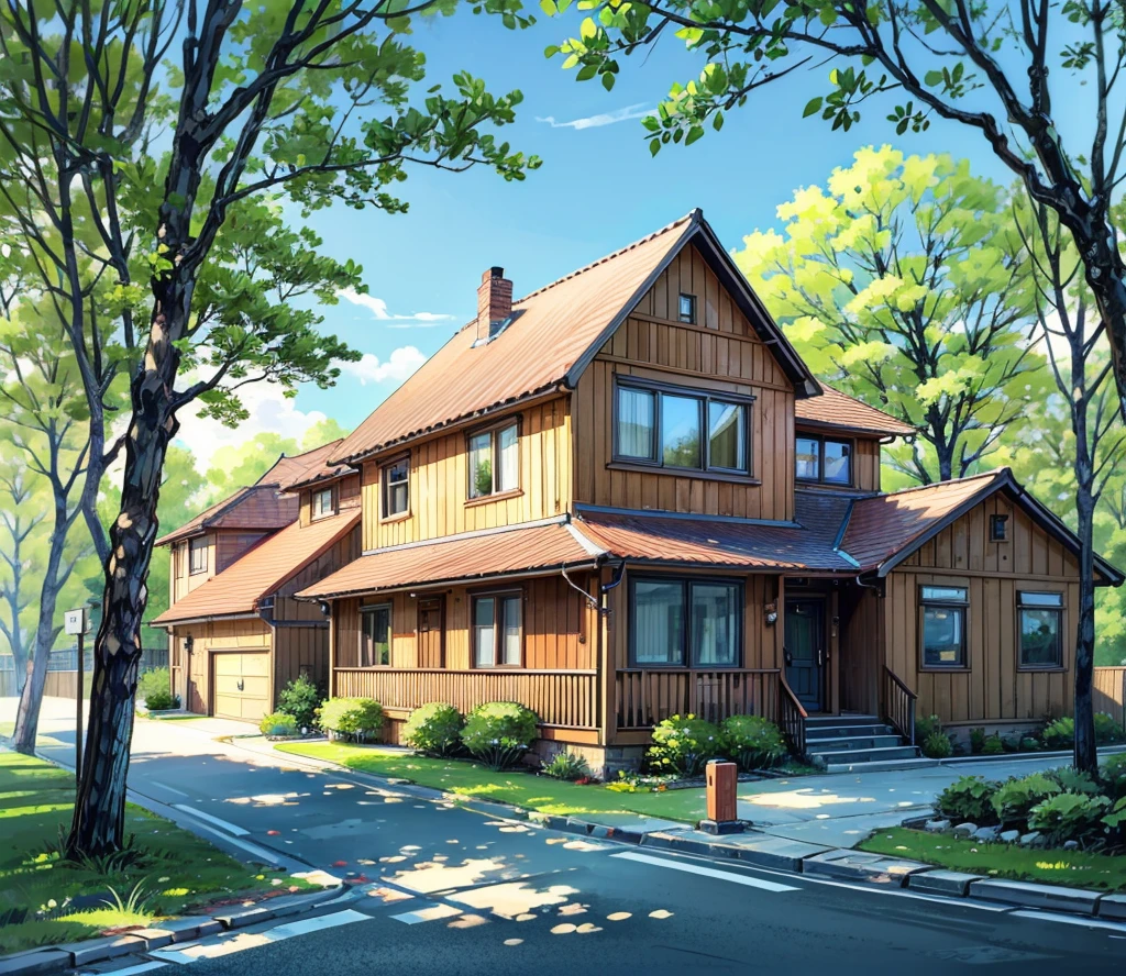 Picture of an English style house in a residential are surrounded by nature, the house has a small parking space. There are stairs in front of the house. The house has only one storey with large windows. Parking space, separate garage.