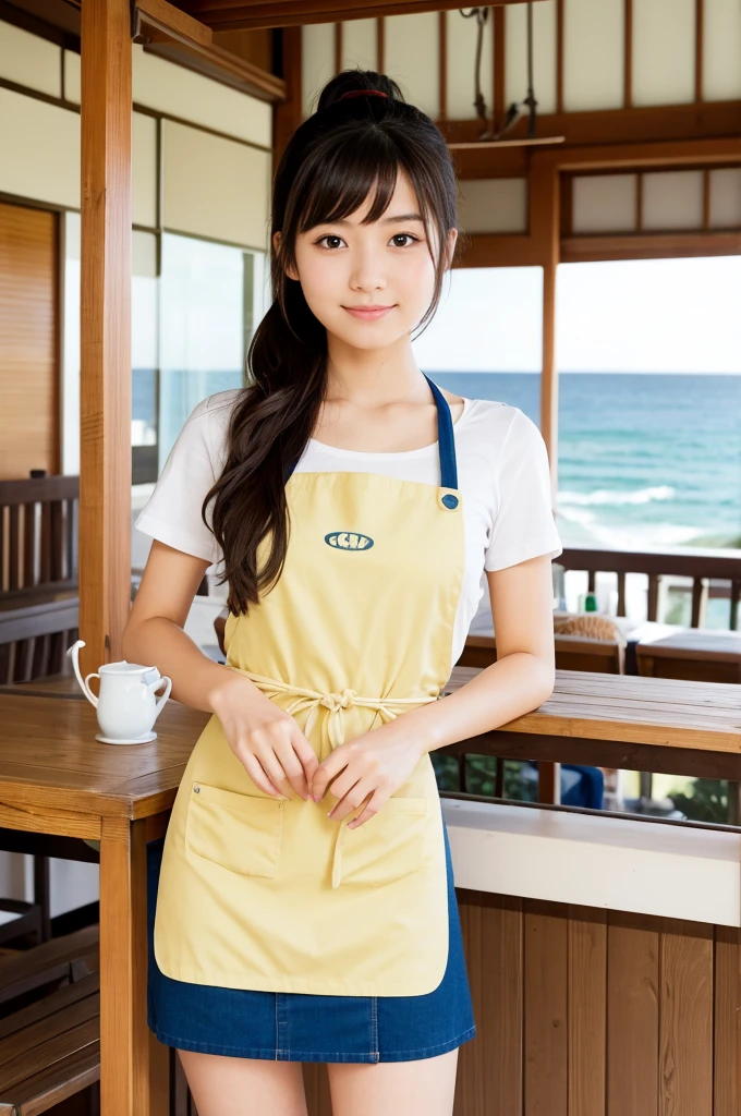 Pretty 21 year old woman（Japanese face）Wearing an apron and a miniskirt、Being at the beach house