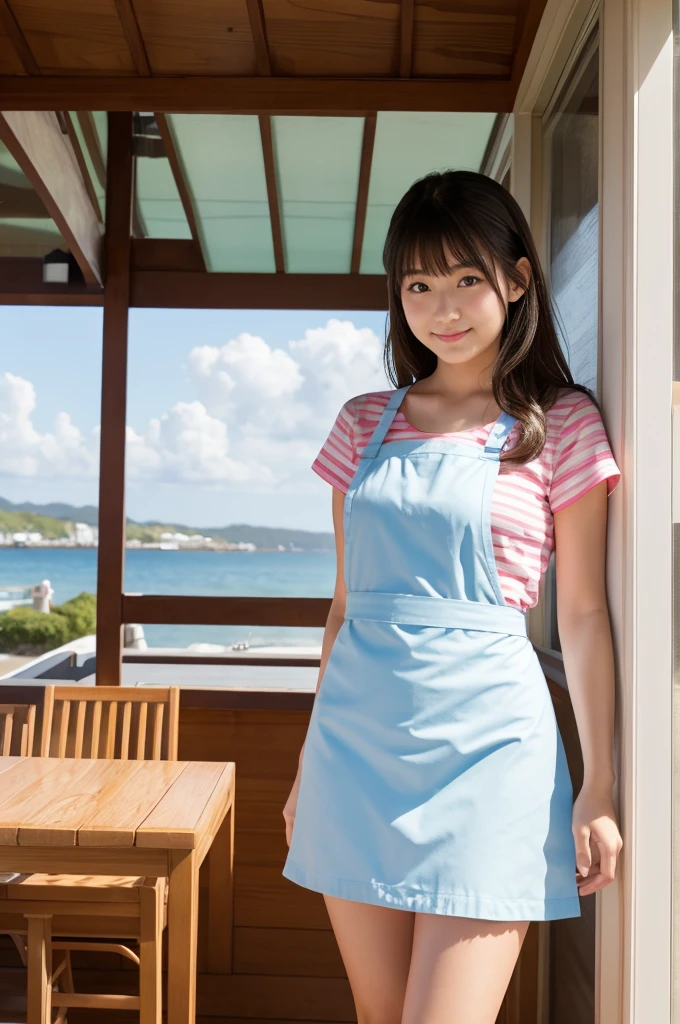 Pretty 21 year old woman(Japanese face)Wearing an apron and a miniskirt、Being at the beach house