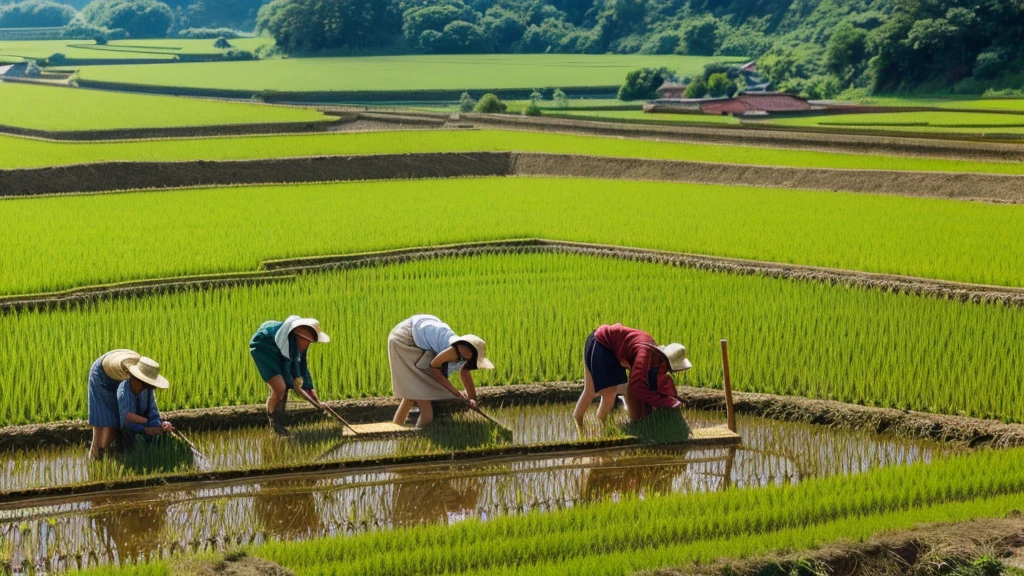 Rice Fieldで働く人々Group Painting, Villagers busy farming, by Naomichi Nakamura, By Tomioka Tessai, Set in Japan during the Heian period, or period, Japanese Farmers, Japanese Harvest, Yayoi period Japan, By Chizuko Yoshida, by Yokoyama Taikan, Rice Field, japanese scenery in or period