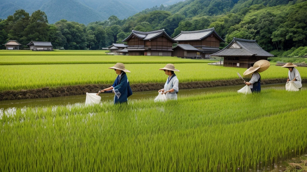 Rice Fieldで働く人々Group Painting, Villagers busy farming, by Naomichi Nakamura, By Tomioka Tessai, Set in Japan during the Heian period, or period, Japanese Farmers, Japanese Harvest, Yayoi period Japan, By Chizuko Yoshida, by Yokoyama Taikan, Rice Field, japanese scenery in or period