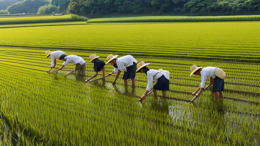 Rice Fieldで働く人々Group Painting, Villagers busy farming, by Naomichi Nakamura, By Tomioka Tessai, Set in Japan during the Heian period, or period, Japanese Farmers, Japanese Harvest, Yayoi period Japan, By Chizuko Yoshida, by Yokoyama Taikan, Rice Field, japanese scenery in or period