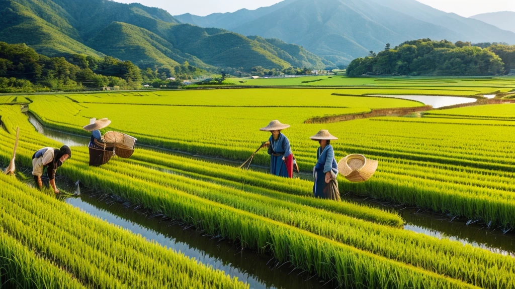 Rice Fieldで働く人々Group Painting, Villagers busy farming, by Naomichi Nakamura, By Tomioka Tessai, Set in Japan during the Heian period, or period, Japanese Farmers, Japanese Harvest, Yayoi period Japan, By Chizuko Yoshida, by Yokoyama Taikan, Rice Field, japanese scenery in or period