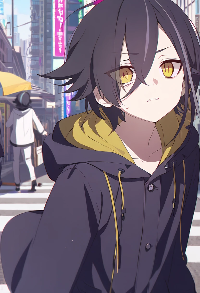 (One Boy,(blue-purplestreaked black hair)highlights hair,Shortcuts,yellow eyes,Sharp Eye,Hooded coat)Walking in the city