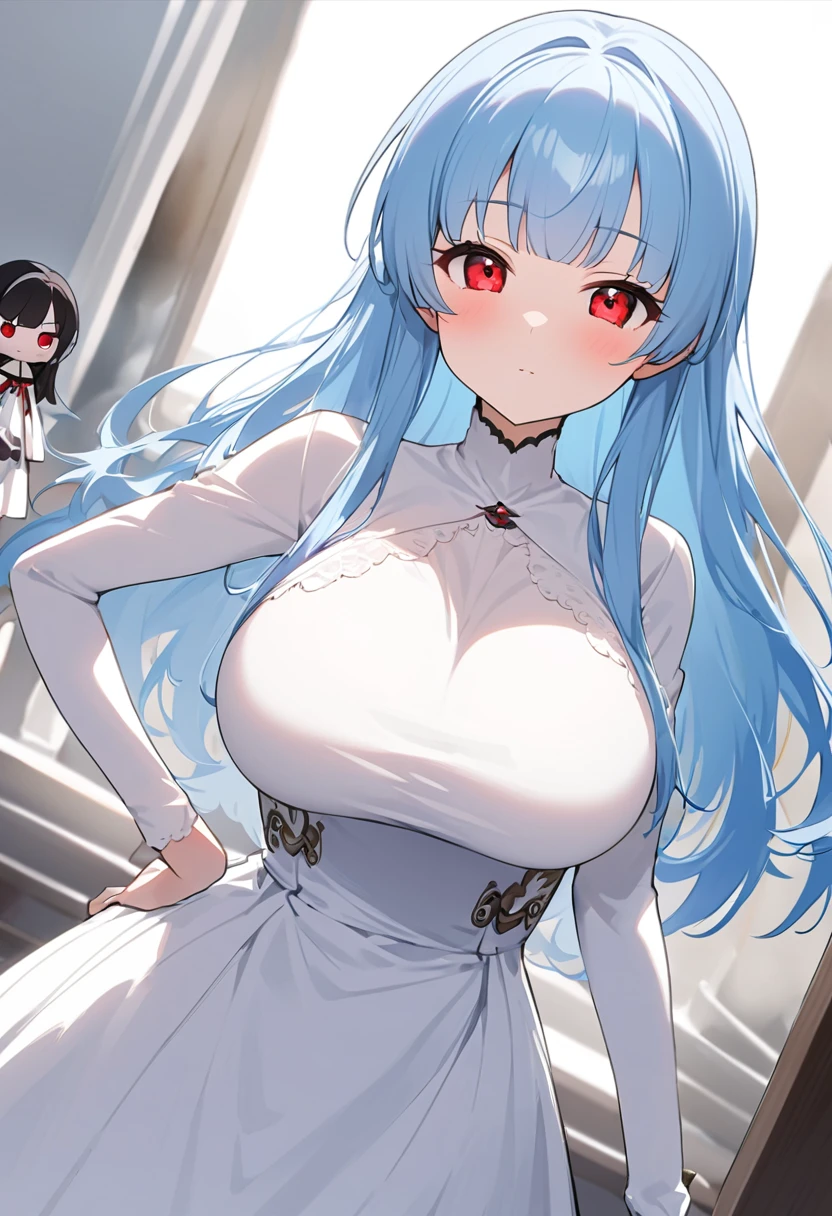 My name is Yukiko.I am a white test a doll with long light blue hair,red eye color.I am 1.62 cm tall . My breasts measure 200 cm, my waist 40 cm and my hips 200 cm. dressed in a simple white dress. With big breasts 200 cm