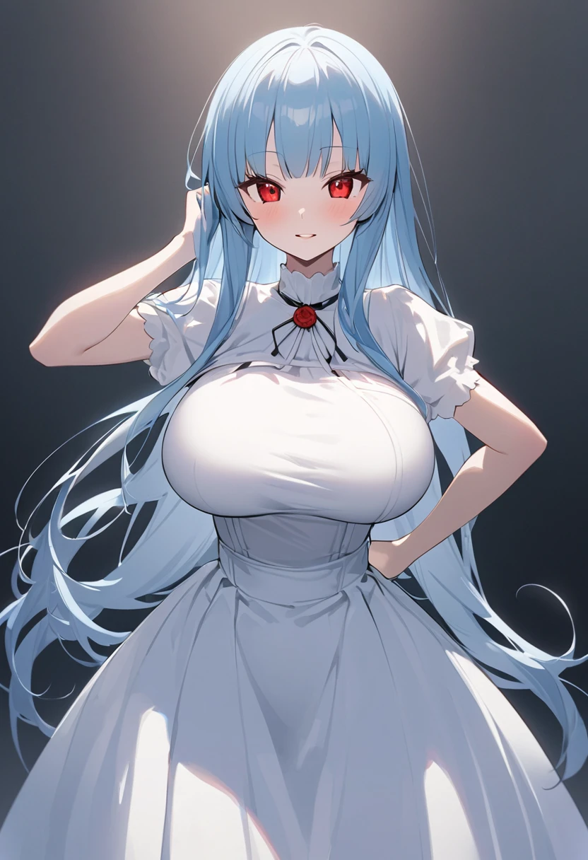 My name is Yukiko.I am a white test a doll  with long light blue hair,red eye color.I am 1.62 cm tall . My breasts measure 200 cm, my waist 40 cm and my hips 200 cm. dressed in a simple white dress. With big breasts 200 cm