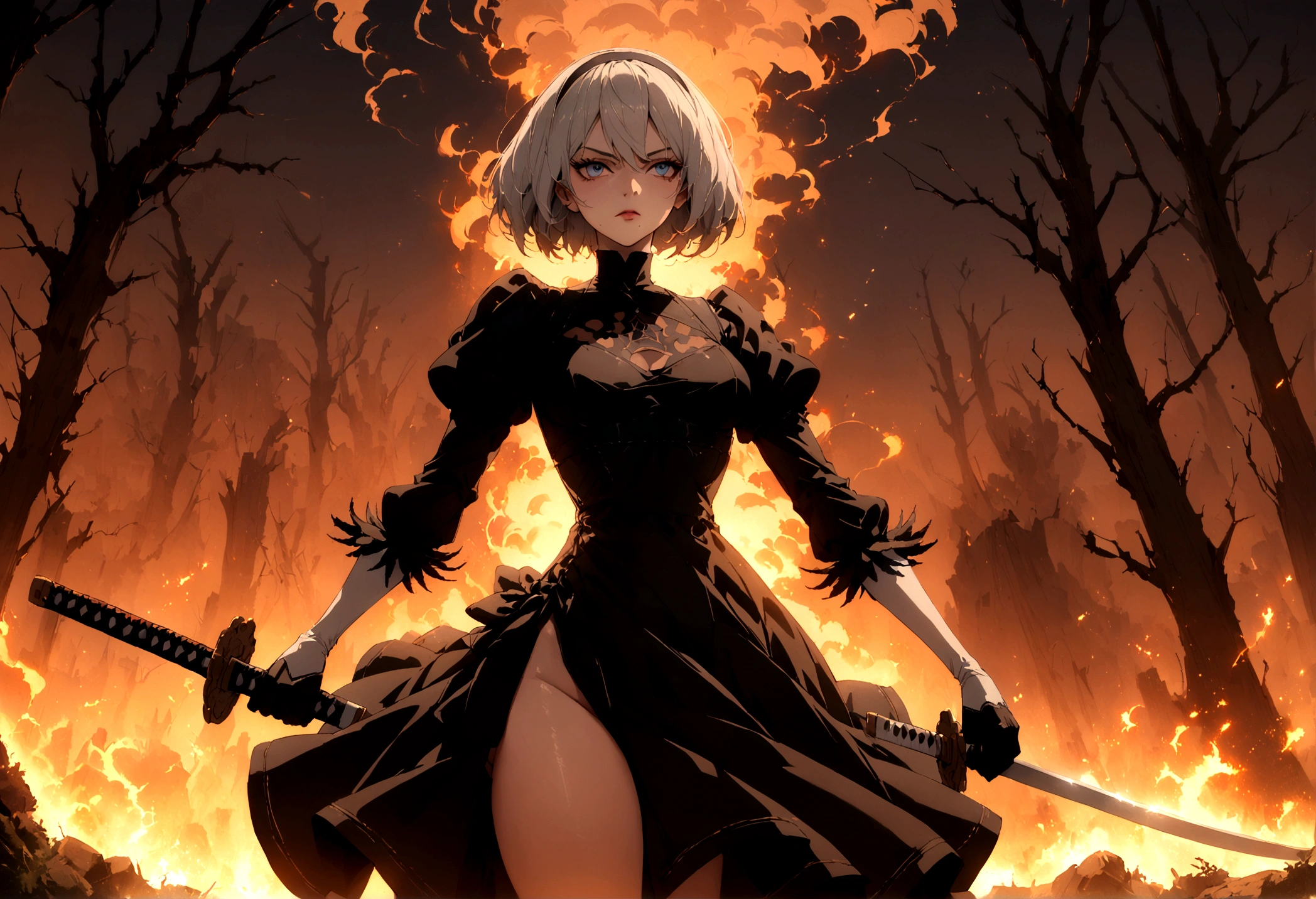 2b,(work of art), ultra detaild, fully body, soft hair, black gown, neckleace, Action, battle pose, standing with legs open, katana, wall-paper, destroyed forest background, SUNSET, smoke in the sky, sparks, serious facial expression, ideal female body, adult, opaque color palette, 真实感, ( realistic styling), perfect hands and arms, holding tightly to your sword