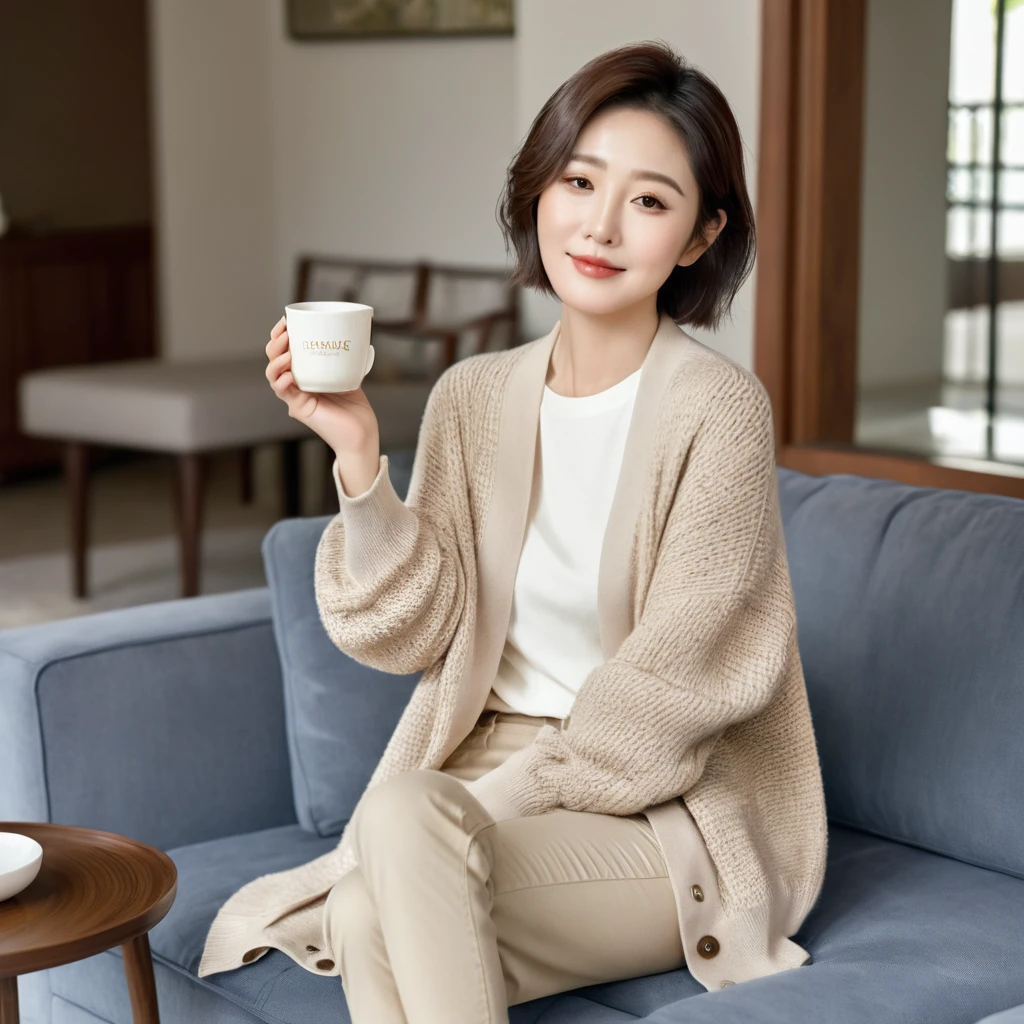 8k best picture quality, Beautiful 36-year-old Korean woman, short medium hair. Chest size 34 inches, Wearing a cardigan and beige jeans. luxury mansion living room, Sitting on the sofa and holding a ceramic coffee cup with both hands, full body shot