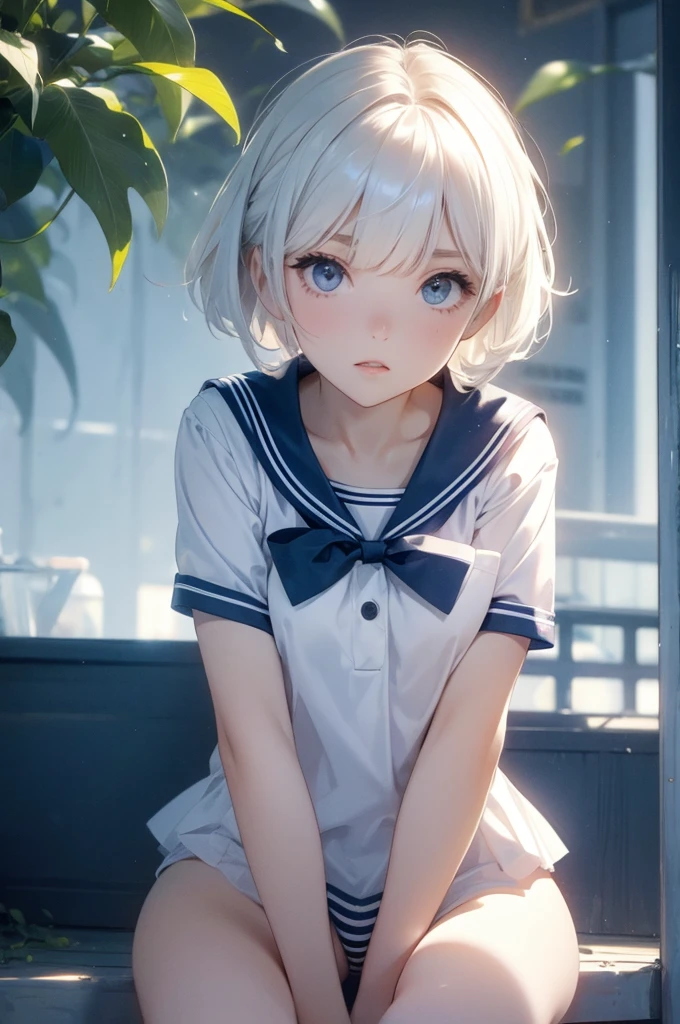 Ultra short sailor suit,roadside, Crouched View,Expose the inside of your legs,Spread your legs,White panties