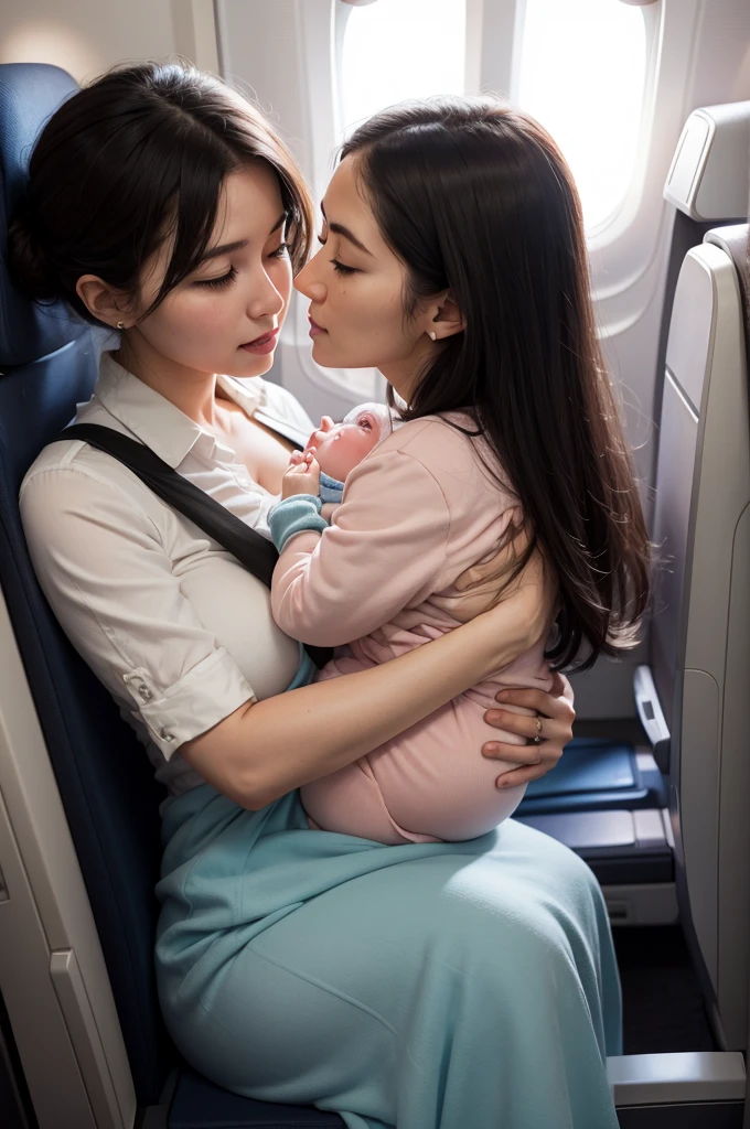 Mother with baby in her arms on an airplane