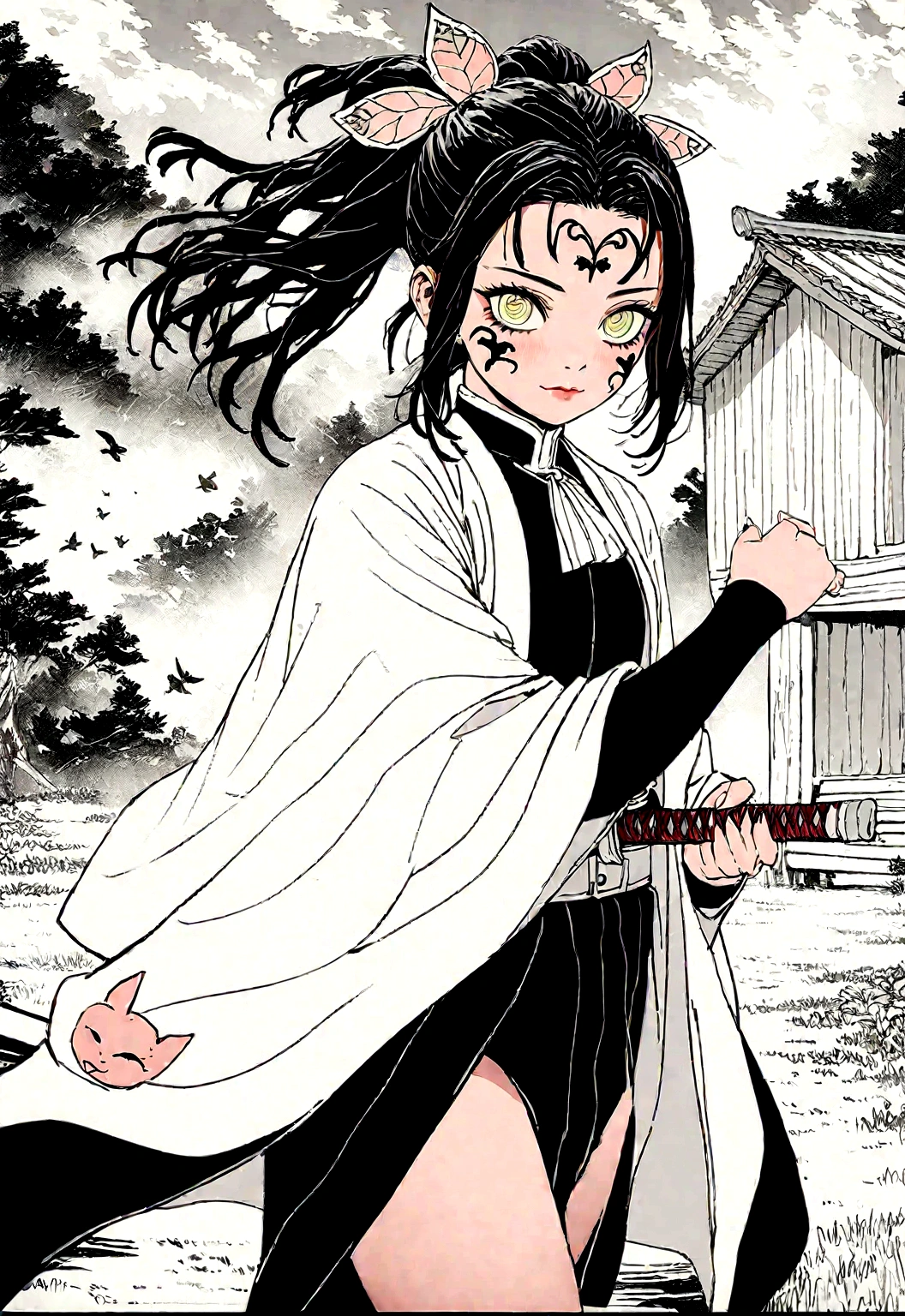 a female demon slayer swordsmith from kimetsu no yaiba, haori, sword, detailed facial features, beautiful detailed eyes, beautiful detailed lips, extremely detailed face and eyes, long eyelashes, photorealistic, 8k, masterpiece, digital art, concept art, fantasy, cinematic lighting, dramatic lighting, vibrant colors, warm colors