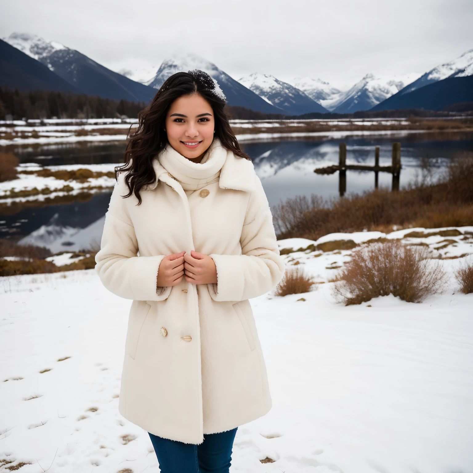 ((best quality)), ((masterpiece)), (detailed), (perfect hands), (five fingers) a young latin woman with wavy dark hair, flawed skin and a slender body type, dressed in winter fashion, posing with snow-covered mountains behind , shot with Sony Alpha A6500 1.4f, bokeh, highly detailed,