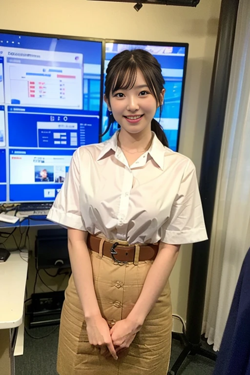 (A gorgeous Japanese Weathercaster Lady, age 28, wearing Formal White Shirt with buttons & Cyan Pencil Skirt, working in a news studio, friendly feminine expressions, kind smile, dimpled chins, cute snaggle-tooth, short bob hair ponytail, symmetrical face, realistic detailed face, beautiful detailed eyes, perfect body proportions, ample round bosoms, photorealistic, hyper-realism, high contrast, ultra HD, realistic skin textures, top image quality, top-quality, super high resolution, fine details, very meticulously, masterpiece, head to knees, serene ambience, The_Cowboy_Shot, bokeh background)