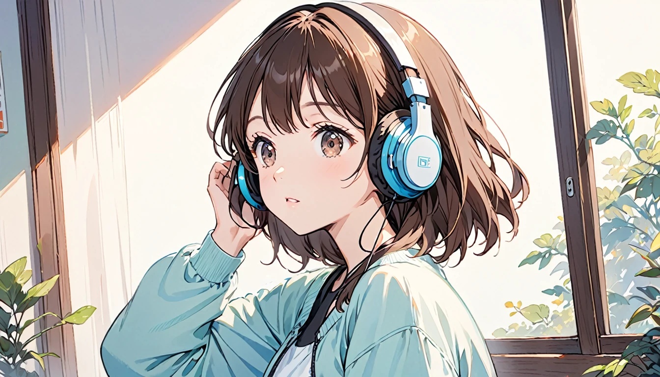 Girl wearing headphones,Brown Hair,1 person,quiet,bright,