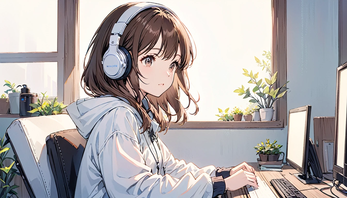 Girl wearing headphones,Brown Hair,1 person,quiet,bright,