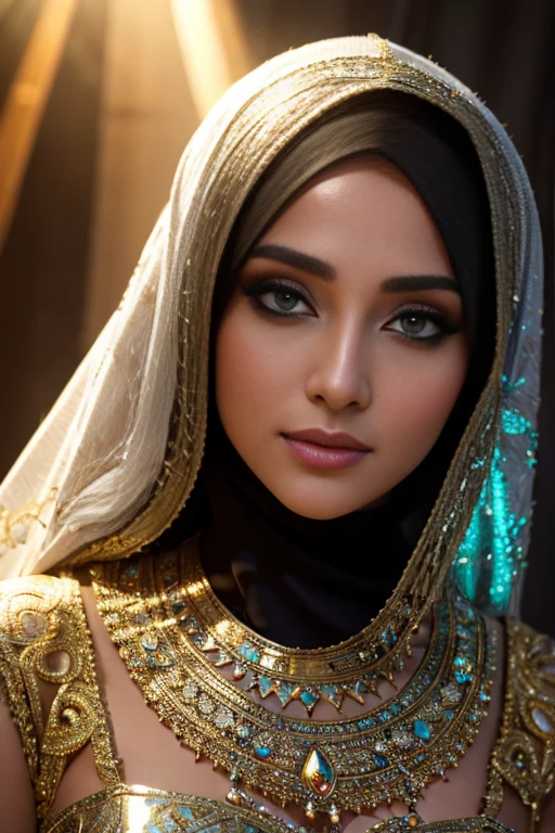 close up of a young woman,she wear a hijab with beautiful ornaments,a long dress, very glossy skin, smile, big eyes, dezent make up, fantasy art, digital art, she looking full body, delicate lines and textures,realistic and rich art, detailed face and eyes,blurred night city background,surrealism,cinematic,rough shadows,vivid colors,Rich colors,light and shadow,three-dimensional lighting,combination of various colors and shades,volume lighting,Film light,dynamic lighting,good anatomy,intricate details,highly details.,Broken Glass effect,no background,stunning,something that even doesn't exist,mythical being,energy,molecular,textures,iridescent and luminescent scales,breathtaking beauty,pure perfection,divine presence,unforgettable,impressive,breathtaking beauty,Volumetric light,auras,rays,vivid colors reflects,