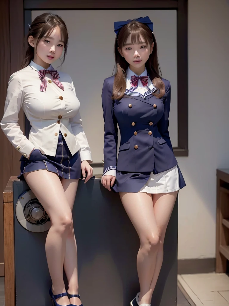 Highest quality、masterpiece、、Very detailed、Realistic、(Two Girls)、(Looking at me with a smile)、whole body、Small face、Narrow shoulders、(Big Breasts:1.4)、Thin and beautiful legs、Tight and slim waist、 uniform、(Navy blue blazer jacket)、(White shirt with buttons and collar:1.2)、(Navy blue mini skirt:1.1)、(Red bow tie)、(Leaning forward:1.6)