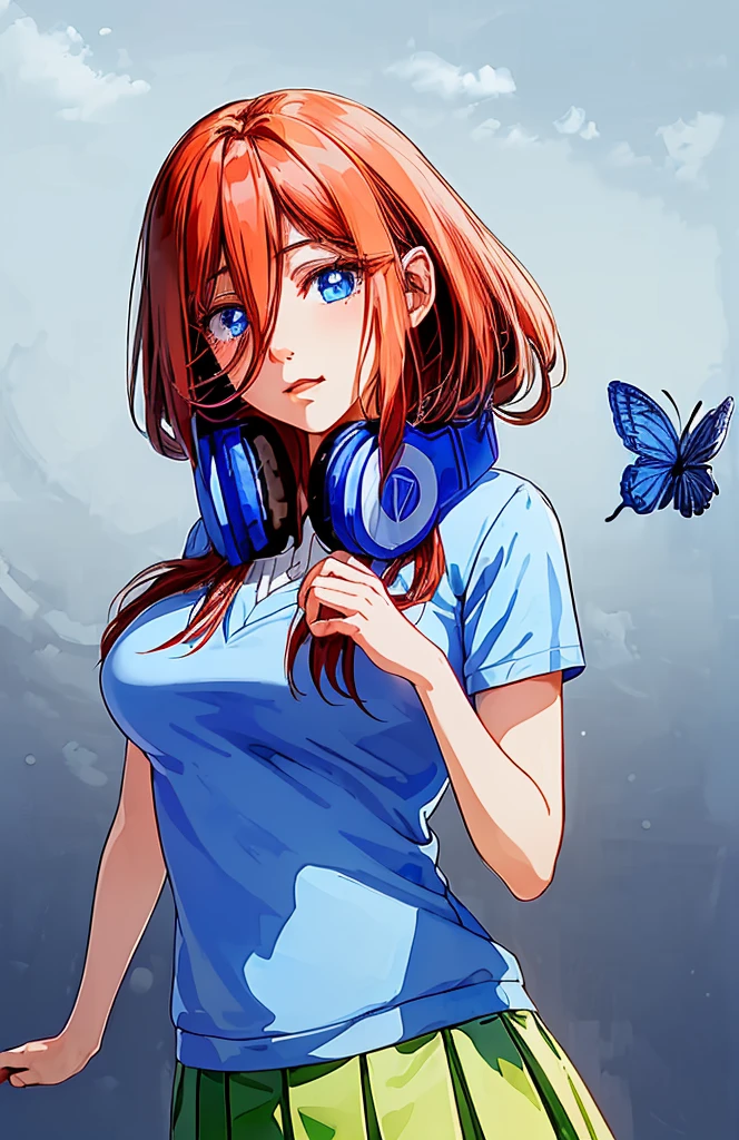 Wallpapers, poster, fruit, (several fresh cherries), moist, summer, blue sky, white clouds, HD Detail, Moist Watermark, Ultra Detail, Movie, Hyper Realism, Soft Light, Deep Focus Bokeh, Ray Tracing, --niji 5 Summer ( Watercolor ( Watercolor \ ( Medium \), Sketch, Iris: 1.2), butterflies, intricate details, sfw, full bust shot, eenage girl with pink red hair, one long strand of hair falling across her face, long strand of hair covering her nose, headphones down, hair in her headphones, skinny, asian facial traits, aamiku, Nakano Miku from The Quintessential Quintuplets, real life Miku Nakano, cowboy shot, straight hair, dark blue eyes, sparkling eyes, blue headphones around neck, light blue sweater, collared white shirt, green pleated skirt, , shy smile, blushing