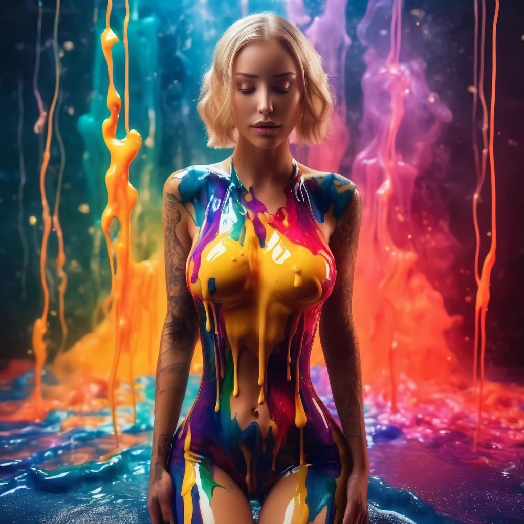 Beautiful blonde woman, with wax dress melting and dripping down the body (masterpiece: 1.2), (best quality), 4k, ultra-detailed, (dynamic composition: 1.4), highly detailed, colorful details, (iridescent colors: 1.2), (bright lighting, atmospheric lighting), dreamy, magical, (solo: 1.2)