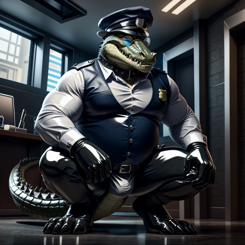 Solo, Male, fat, squatting, extremely obese, gentleman, dapper Crocodile, blue eyes, (soft shading), 4k, hi res, ((detailed face, detailed)), looking at viewer, evil grin, police station, collared shirt with buttons, hat, male focus, Police Uniform, glasses, monocle, vest with buttons, sleeves rolled up, round eyewear, headwear, vest, Crocodile is wearing a glossy leather dog collar around the neck, Crocodile is wearing the leather collar and shirt and vest at the same time, Crocodile is wearing glossy white rubber gloves on the hands, wearing white rubber gloves on the feet, Crocodile is wearing glossy white cuffs around the wrists with cufflinks, gloves are rubber in texture, clenching teeth, clenching fists, leather collar is glossy and shiny with a lot of detail, Crocodile is wearing gloves and cuffs and cufflinks at the same time, leather collar has a round dog-tag, leather collar is thick and detailed.