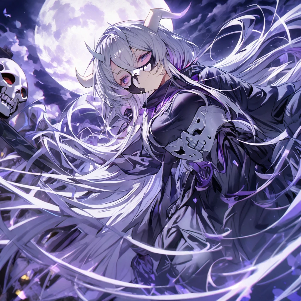 Long silver hair, smile skeleton mask looking down
, black ninja, full moon, purple eyes, white horns