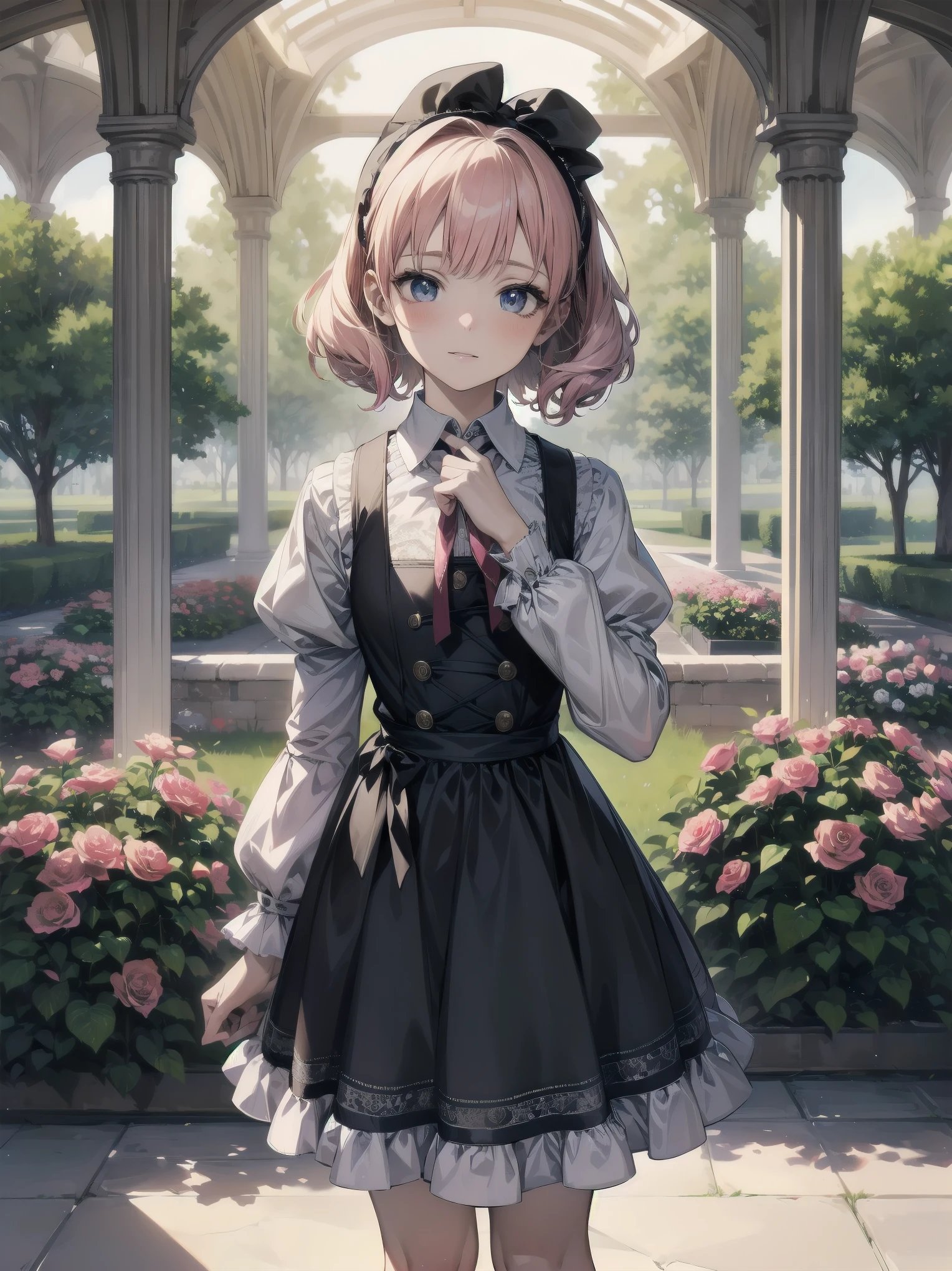(Masterpiece: 1.2), (Best quality: 1.2), Superb resolution, Very detailed. BREAK. ((Anime girl in sweet ta-inspired uniform)), clear girl, (1, Shy, 9 ye3), soft smile, demure pose, curly pastel hair, doe eyes, figure, (Top quality: 1.2), very high resolution, very detailed. Expressive eyes, beautifully detailed lips, high resolution detailed hair, perfect face, porcelain skin, delicate hands, perfect lighting. BREAK. ((Frilly lolita-style unm with lace details)), ((Pink blouse with puff sleeves, white pinafore, rose patterns: 1.3)), knee-high socks with bows, platform shoes. BREAK. (School garden), flower beds, gazebo, fountain, soft sunlight, (cowboy shot composition: 1.2). BREAK. ((Positive: 1.3)). BREAK. Digital animation art, sweet lolita anime style stration