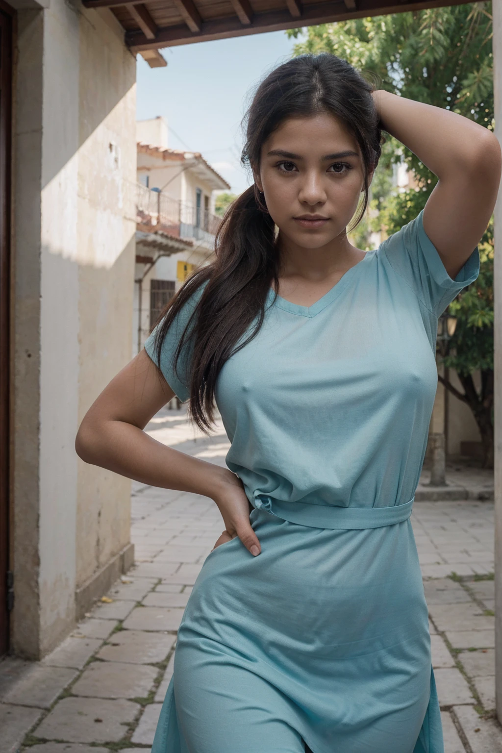 This 19 year old girl is thin, very white skin like Asians. He has a beautiful hourglass body. Her hair is jet black and she wears it in a ponytail at the side.. She is dressed in an elegant and modest red secretary dress. Está mirando de frente a la cámara para una Photo de cuerpo completo en una calle común del pueblo en Camagüey, Cuba. Masterpiece, high resolution, Best Quality, intricate details, Very detailed, sharp focus, detailed skin, realist skin texture, texture, professional, 4k, shot with cannon, depth of field, Kodak Vision Color, perfectly fitted body, extremely detailed, Photo_\( ultra\), Photorealist, realist, Post processing, Maximum details, roughness, real life, ultrarealist, Photorealism, Photography, 8k hd, Photography