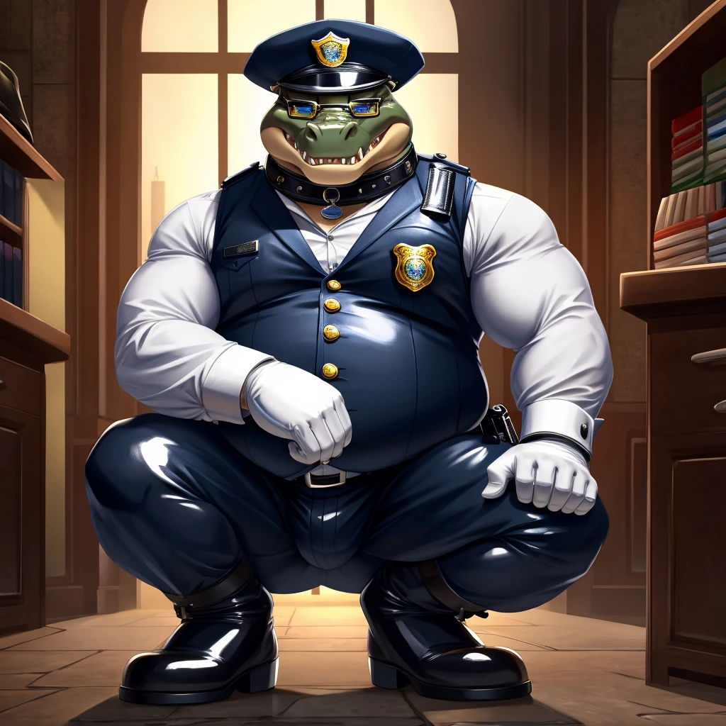 Solo, Male, fat, squatting, extremely obese, gentleman, dapper Crocodile, blue eyes, (soft shading), 4k, hi res, ((detailed face, detailed)), looking at viewer, evil grin, police station, collared shirt with buttons, hat, male focus, Police Uniform, glasses, monocle, vest with buttons, sleeves rolled up, round eyewear, headwear, vest, Crocodile is wearing a glossy leather dog collar around the neck, Crocodile is wearing the leather collar and shirt and vest at the same time, Crocodile is wearing glossy white rubber gloves on the hands, wearing white rubber gloves on the feet, Crocodile is wearing glossy white cuffs around the wrists with cufflinks, gloves are rubber in texture, clenching teeth, clenching fists, leather collar is glossy and shiny with a lot of detail, Crocodile is wearing gloves and cuffs and cufflinks at the same time, leather collar has a round dog-tag, leather collar is thick and detailed.