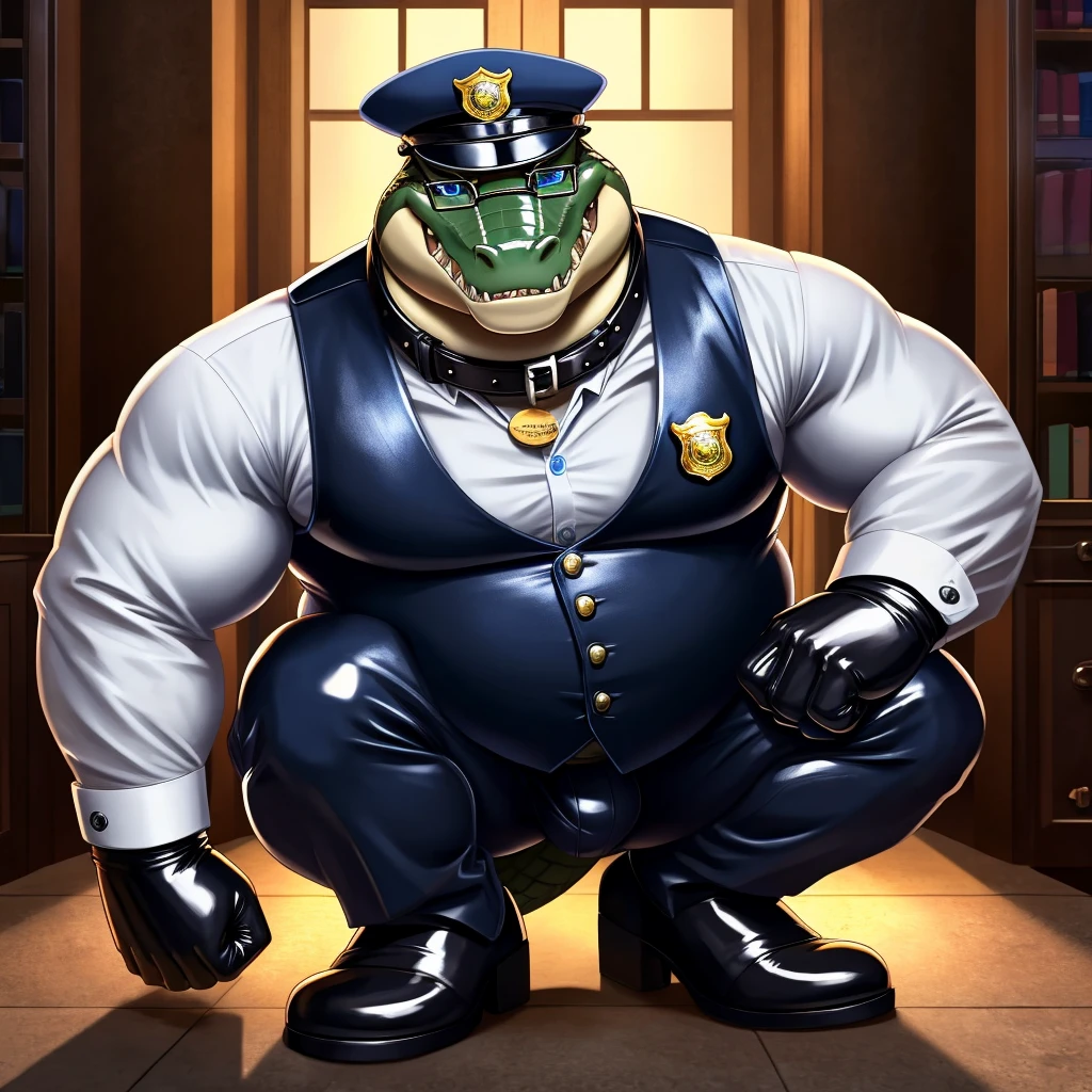 Solo, Male, fat, squatting, extremely obese, gentleman, dapper Crocodile, blue eyes, (soft shading), 4k, hi res, ((detailed face, detailed)), looking at viewer, evil grin, police station, collared shirt with buttons, hat, male focus, Police Uniform, glasses, monocle, vest with buttons, sleeves rolled up, round eyewear, headwear, vest, Crocodile is wearing a glossy leather dog collar around the neck, Crocodile is wearing the leather collar and shirt and vest at the same time, Crocodile is wearing glossy white rubber gloves on the hands, wearing white rubber gloves on the feet, Crocodile is wearing glossy white cuffs around the wrists with cufflinks, gloves are rubber in texture, clenching teeth, clenching fists, leather collar is glossy and shiny with a lot of detail, Crocodile is wearing gloves and cuffs and cufflinks at the same time, leather collar has a round dog-tag, leather collar is thick and detailed.