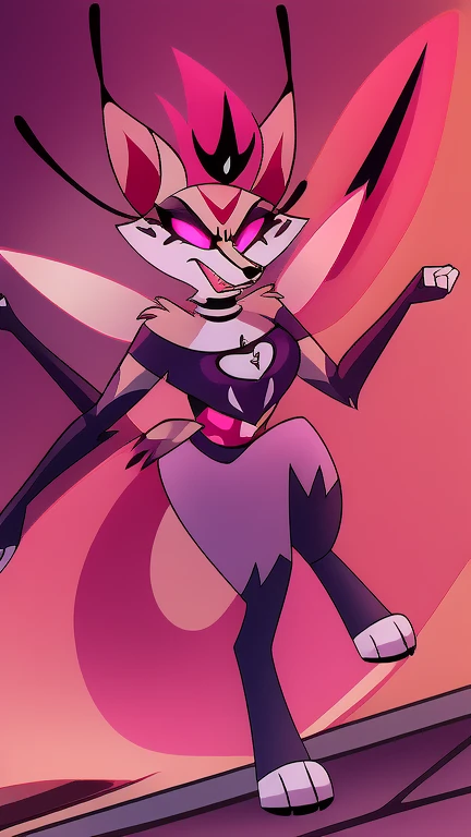 (masterpiece, best quality:1.2), Queen Bee female hellhound, wolf, furry, helluva boss, hypnotized with glowing purple eyes without iris or pupils, holding katanas swords, flying menacingly, angry face, action pose, full body image, chasing, hell streets background