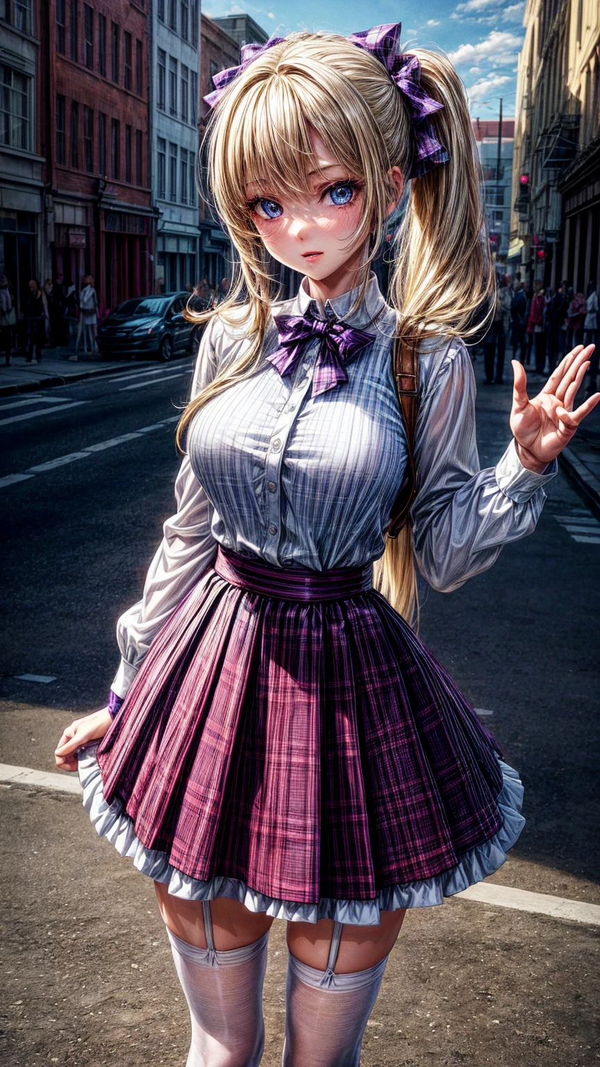 1girl,masterpiece,best quality,blonde hair,(ponytails),blue eyes,(white stockings),(purple plaid skirt),short skirt,standing,in full length,medium breasts,white t shirt,in front of streets,extremely detailed,[[realistic]],beautiful alluring anime ,seductive anime girl,waving skirt