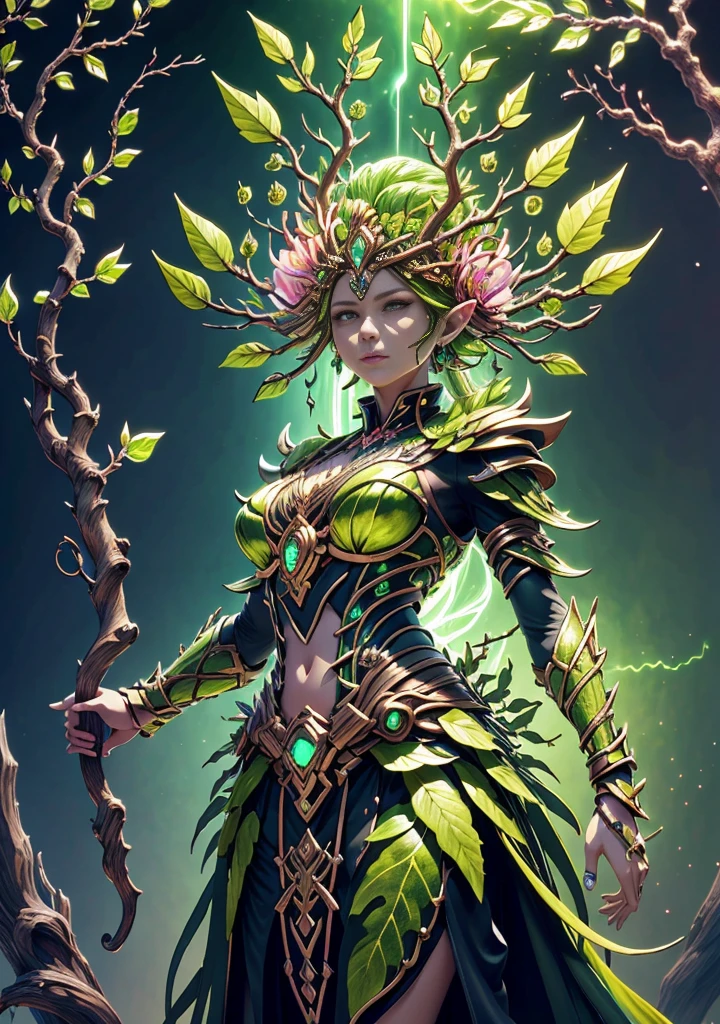 Plant Maiden，Vine Princess，Witch of Thorns，Beautiful line art photo，Use gold strokes and rainbow paint，Golden Maiden，the golden ratio，Melted wax，Visible brush strokes，surrounded by crystal spheres，3D Mosaic Wireframe，neuroimaging，neurons，The Tree of Life，colours，California，intense emotion，Oil on canvas，Thick strokes，insanely details，8k ultra high definition，tmasterpiece，art  stations，ultra-realistic realism，plant witch，Vine Queen，Witch of Thorns