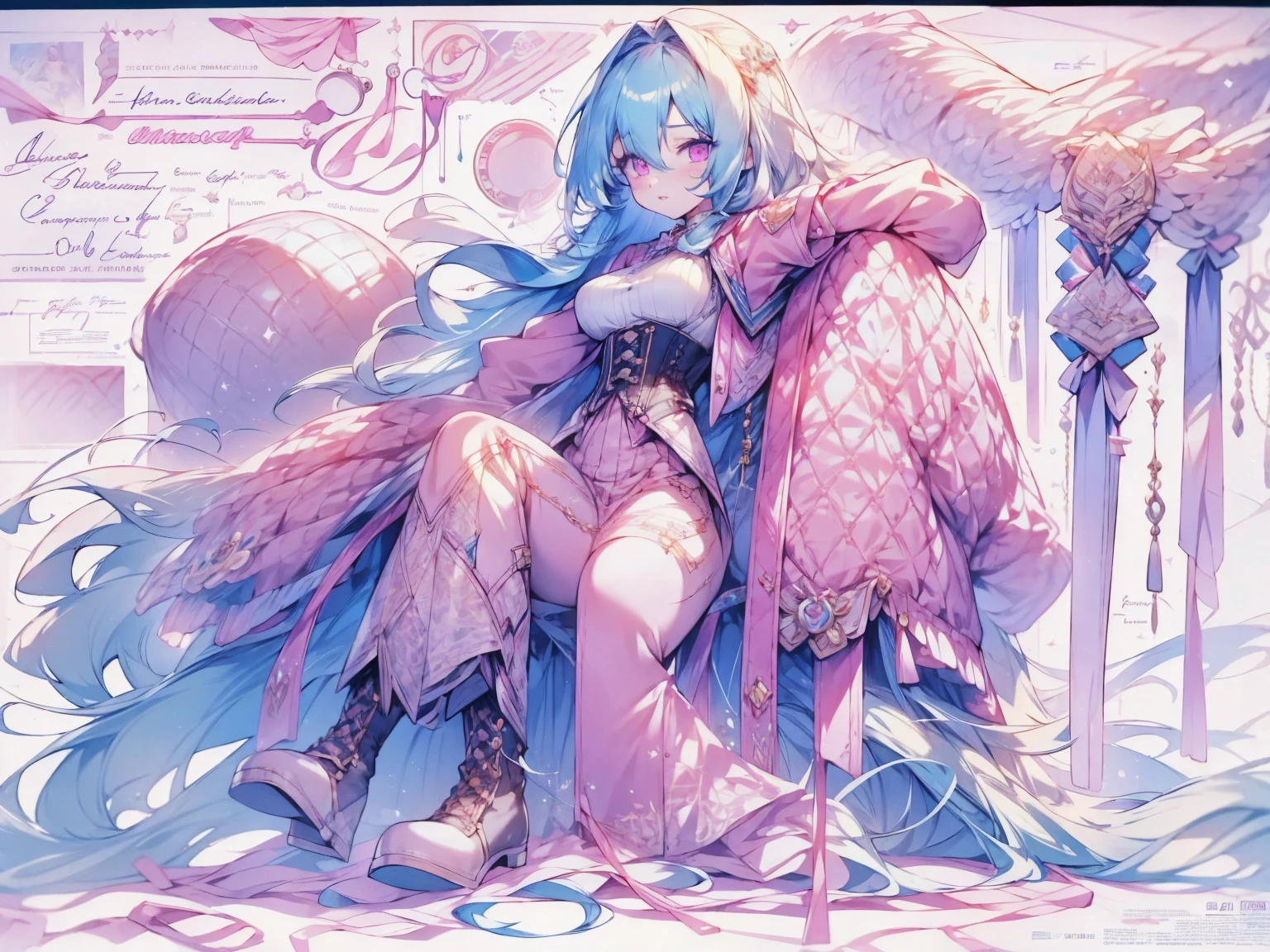 8k, best quality, masterpiece, highly detailed, semi realistic, a girl, young female, 20 years old, absurdly long light blue hair, hair between eyes, banks, pink eyes, medium breast, pink lips, elbow fingerless gloves, gorgeous sexy clothes, corset, slim figure, cool expression, skinny pants, boots, lace clothes,