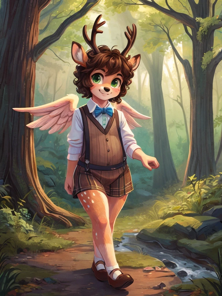 Cute, deer boy, small deer antlers, innocent, chubby, big thighs, androgynous, femboy, short curly hair, brown hair, fawn spots, freakles, ((cute)), smiling, walking in a Forrest, wearing cottage core outfit, cottage core outfit, , cute clothes, modest clothes, modern clothes, adorable, pastel color scheme, light blue pink green yellow white and brown color scheme, young, cartoony, adorable, deer tail, moss green eyes, angel wings, walking in the woods, woodland creatures, creek, woods, fallen log, (((solo))), moss, bugs, sweater vest, suspenders, bow, bowtie, cute,
