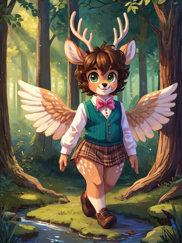 Cute, deer boy, small deer antlers, innocent, chubby, big thighs, androgynous, femboy, short curly hair, brown hair, fawn spots, freakles, ((cute)), smiling, walking in a Forrest, wearing cottage core outfit, cottage core outfit, , cute clothes, modest clothes, modern clothes, adorable, pastel color scheme, light blue pink green yellow white and brown color scheme, young, cartoony, adorable, deer tail, moss green eyes, angel wings, walking in the woods, woodland creatures, creek, woods, fallen log, (((solo))), moss, bugs, sweater vest, suspenders, bow, bowtie, cute, 