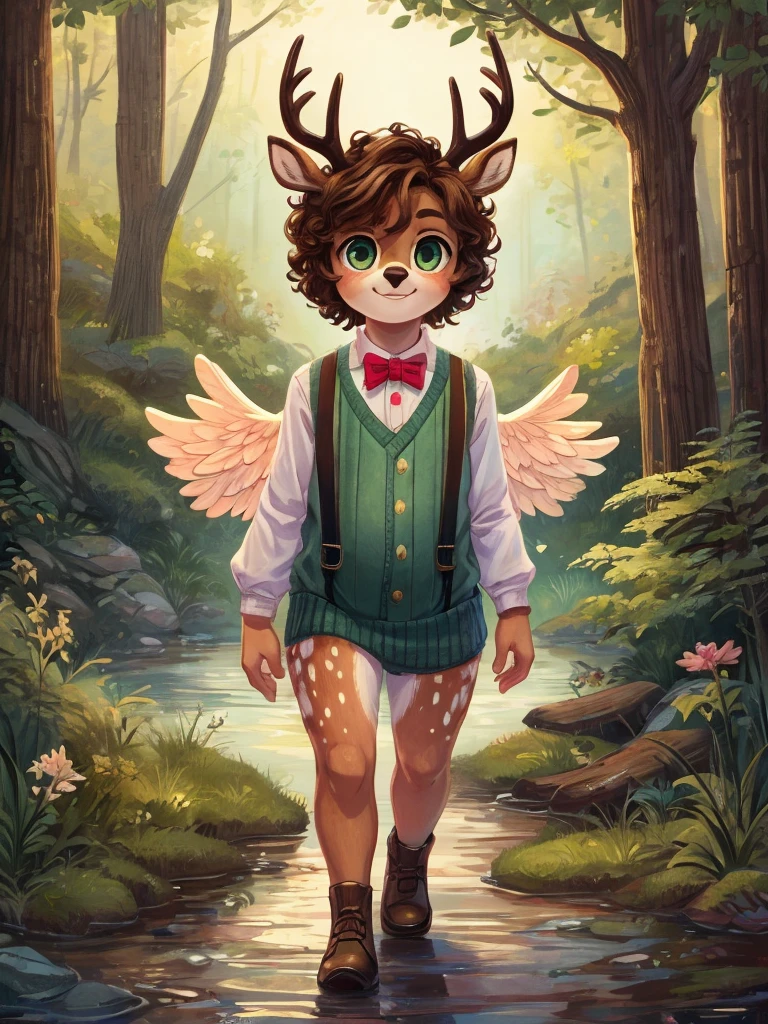 Cute, deer boy, small deer antlers, innocent, chubby, big thighs, androgynous, femboy, short curly hair, brown hair, fawn spots, freakles, ((cute)), smiling, walking in a Forrest, wearing cottage core outfit, cottage core outfit, , cute clothes, modest clothes, modern clothes, adorable, pastel color scheme, light blue pink green yellow white and brown color scheme, young, cartoony, adorable, deer tail, moss green eyes, angel wings, walking in the woods, woodland creatures, creek, woods, fallen log, (((solo))), moss, bugs, sweater vest, suspenders, bow, bowtie, cute,