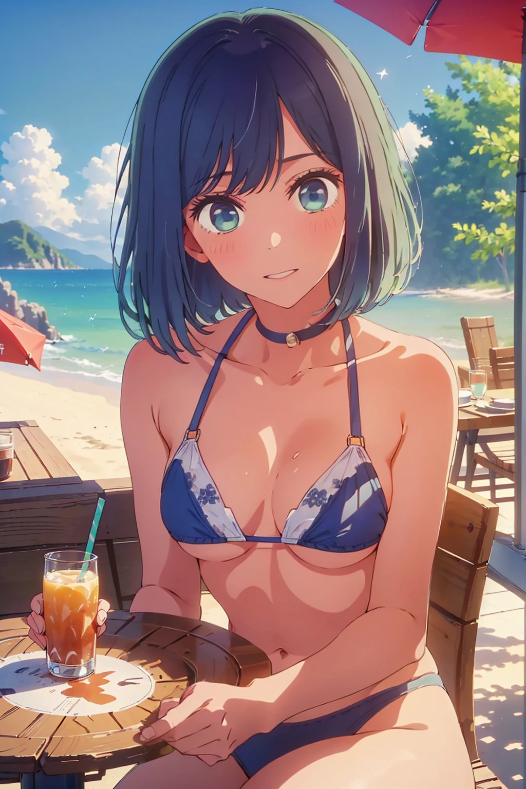 (Highest quality:1.4、masterpiece:1.4、Super detailed:1.4、8K:1.4)、((((1 person、Surprised expression、sit、Outdoor café terrace、coastal、juice、table、Sandy Beach、juiceのグラスを持つ、Plain Bikini、Very soft boobs、Big eyes、Very cute face))))、(moonlight:1.4、at midnight:1.4)、F cup bust、Medium breast、Underboob