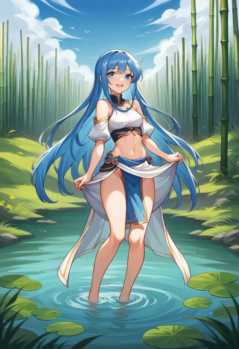 1girl, Laura_S_Arseid_/(sen_no_kiseki/), /(sen_no_kiseki/), laura arseid, laura s. arseid, medium breasts, long hair, ponytail, (blue hair), yellow eyes, seductive smile, beautiful forest, bikini, one hand on hip, white coat, unzipped coat, slim body, bare legs, bare feet, expose thong, sitting on a rock, midriff, holding huge sword, (masterpiece), (best quality), (absurdres), (high-res), (perfect anatomy), (4k), (detailed body), (detailed hair)