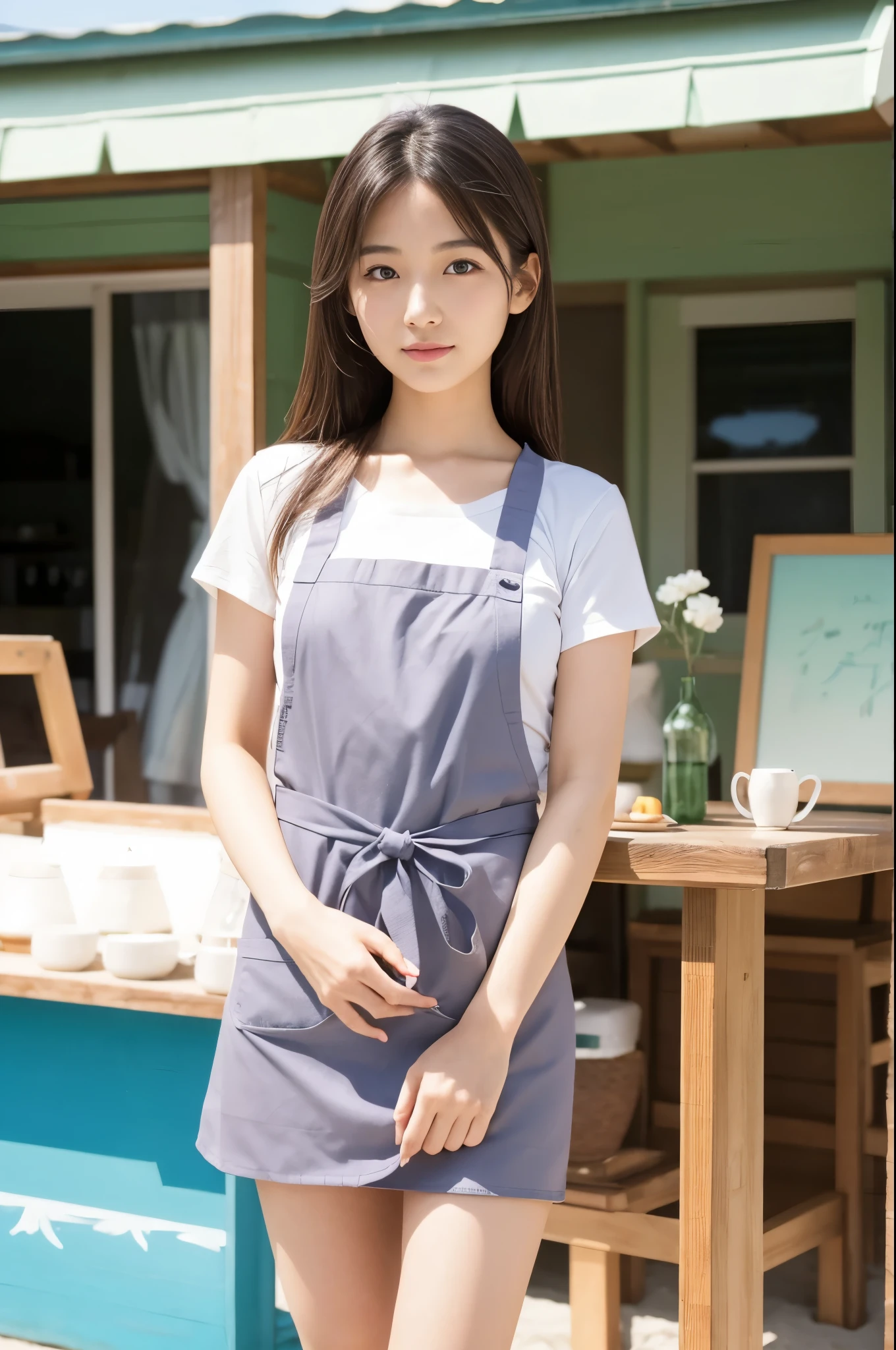 Pretty 22 year old woman（Japanese face）Wearing an apron and a miniskirt、Being at the beach house