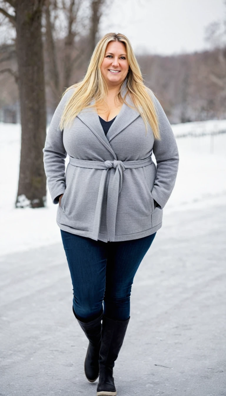 Fat woman, 40 years old white Caucasian wom walking outside, cold, winter, long straight blonde hair, big breasts, daily, casual, shy smile