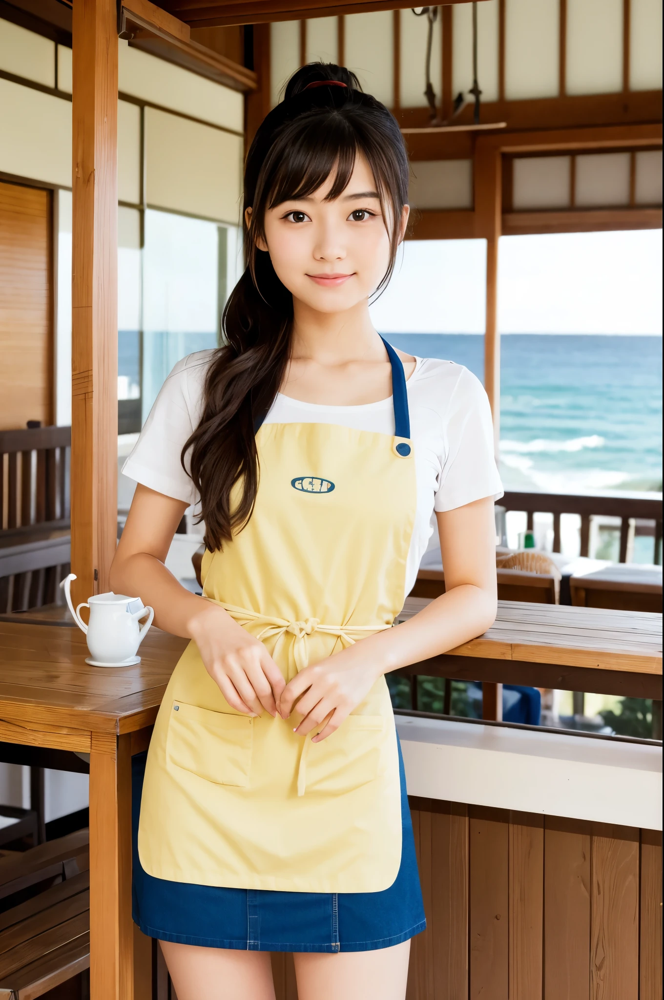 Pretty 21 year old woman(Japanese face)Wearing an apron and a miniskirt、Being at the beach house
