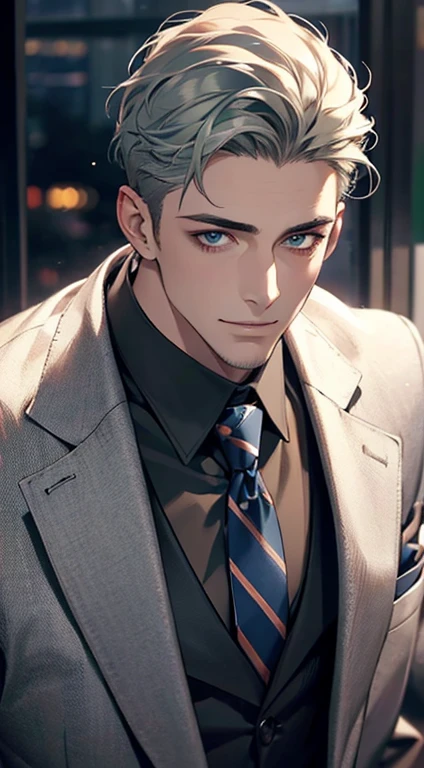(Highest quality,4K,8K,High resolution,masterpiece:1.2),Super detailed,(Realistic,photoRealistic,photo-Realistic:1.37),1 person,31 years old,Mature Men,Beautiful skin、very handsome,Expressionless,smile,Short gray green hair,blue eyes,Sharp Eyes,A perfect face without a doubt,Businessman,Office Background,Cinema Lighting,HDR image,tie、