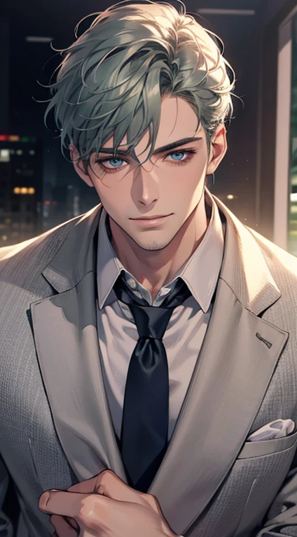 (Highest quality,4K,8K,High resolution,masterpiece:1.2),Super detailed,(Realistic,photoRealistic,photo-Realistic:1.37),1 person,31 years old,Mature Men,Beautiful skin、very handsome,Expressionless,smile,Short gray green hair,blue eyes,Sharp Eyes,A perfect face without a doubt,Businessman,Office Background,Cinema Lighting,HDR image,tie、