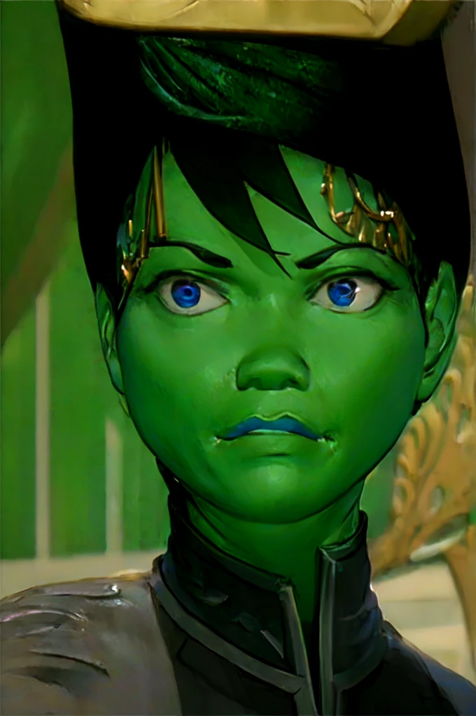 ultra detailed, masterpiece, best quality, solo,
D0tMatrix, green skin, dark green hair, black hair, gallia_uniform, beret,